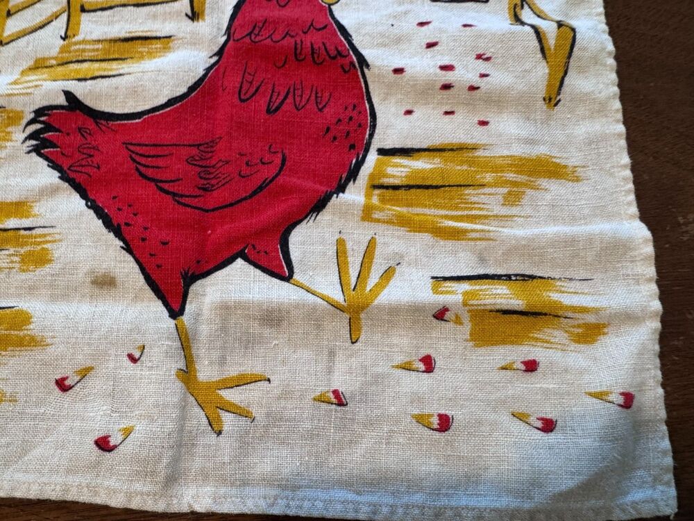 Vtg MCM Rooster Linen Tea Towel 1950s 1960s Folk Art Farmhouse Kitchen Decor - Picture 5 of 6